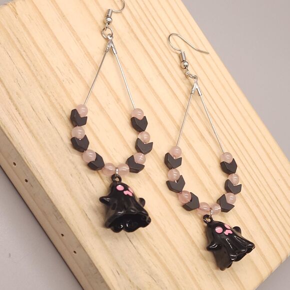 Beaded Ghost Charm Teardrop Earrings - Picture 3 of 4